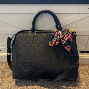 Betsey Johnson Embossed Black Skull Satchel AND Weekender Bag Set